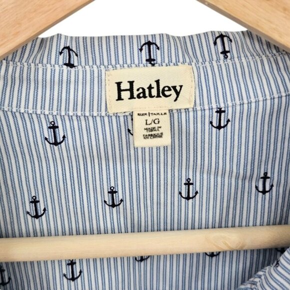 Hatley Womens L Cotton Pinstriped Anchor Button Up Shirt Dress with Pockets - Picture 2 of 8